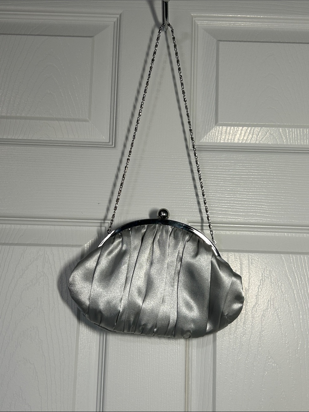 Gunne Sax by Jessica McClintock Silver Satin Evening Clutch with Chain Strap